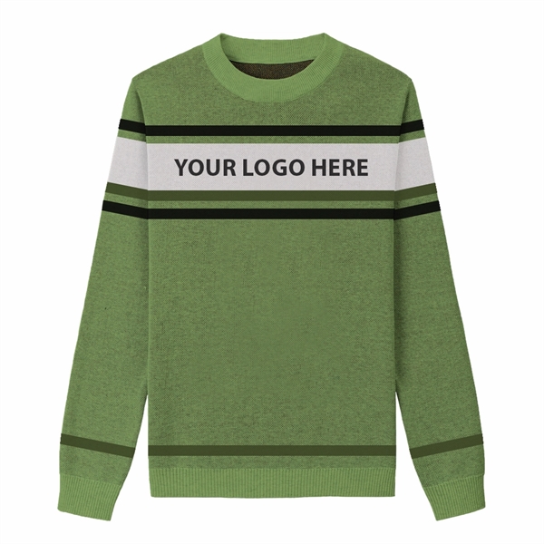 Custom Cotton Blend Jacquard Logo Sweater w Varigated Stripe - Custom Cotton Blend Jacquard Logo Sweater w Varigated Stripe - Image 1 of 3