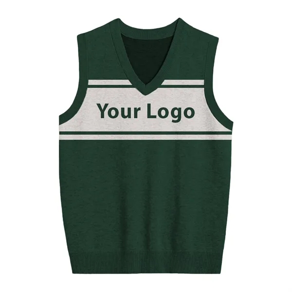 Custom Jacquard Logo Sweater Vest with Banner Stripes - Custom Jacquard Logo Sweater Vest with Banner Stripes - Image 1 of 3