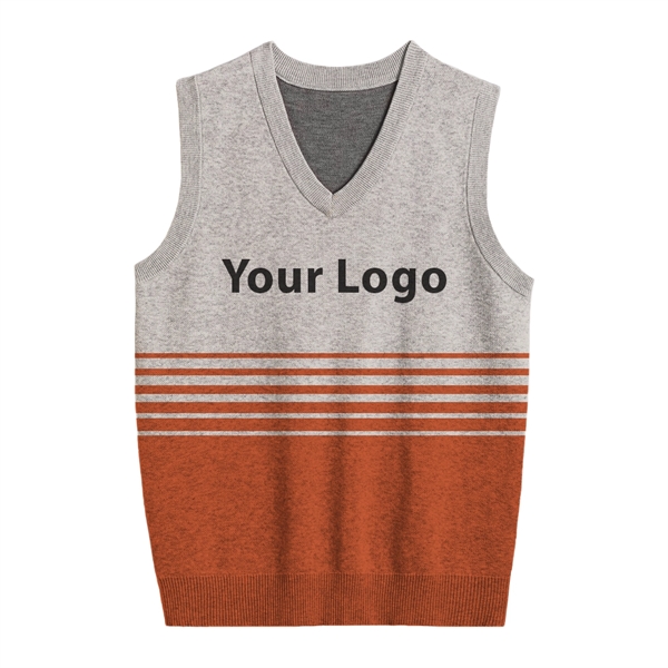 Custom Jacquard Logo Sweater Vest with Varigated Stripes - Custom Jacquard Logo Sweater Vest with Varigated Stripes - Image 1 of 3