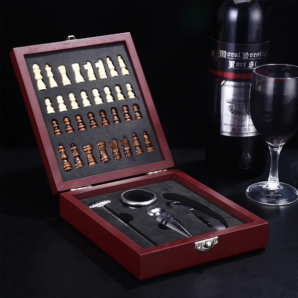 Black Wooden Box Wine Accessories With Chess Set - Black Wooden Box Wine Accessories With Chess Set - Image 2 of 5