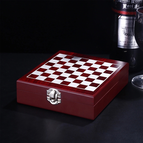 Black Wooden Box Wine Accessories With Chess Set - Black Wooden Box Wine Accessories With Chess Set - Image 3 of 5