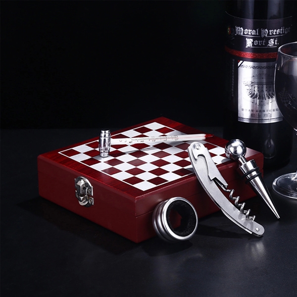 Black Wooden Box Wine Accessories With Chess Set - Black Wooden Box Wine Accessories With Chess Set - Image 5 of 5