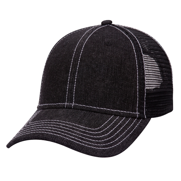 Denim 6 Panel Contrast Stitching Mesh Back Trucker Hat - Denim 6 Panel Contrast Stitching Mesh Back Trucker Hat - Image 4 of 12