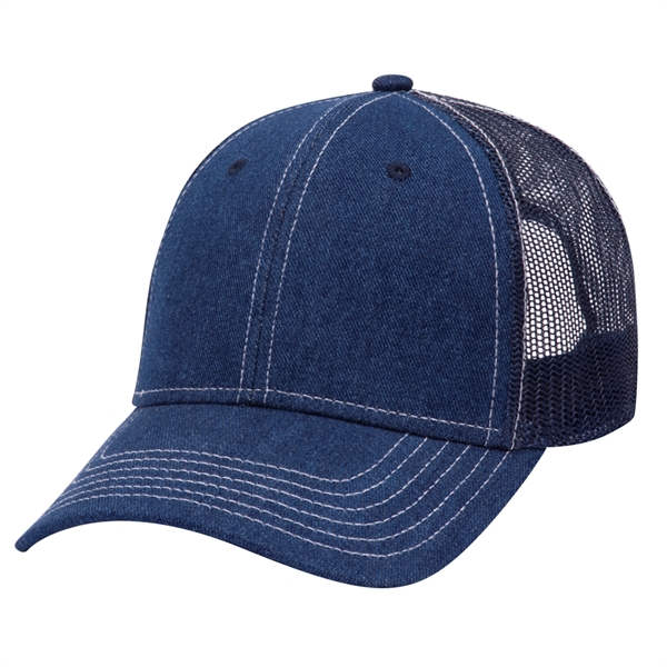 Denim 6 Panel Contrast Stitching Mesh Back Trucker Hat - Denim 6 Panel Contrast Stitching Mesh Back Trucker Hat - Image 10 of 12
