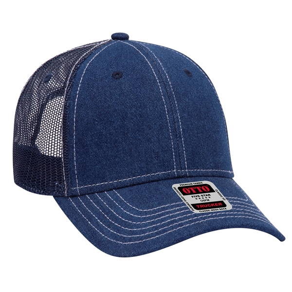 Denim 6 Panel Contrast Stitching Mesh Back Trucker Hat - Denim 6 Panel Contrast Stitching Mesh Back Trucker Hat - Image 7 of 12