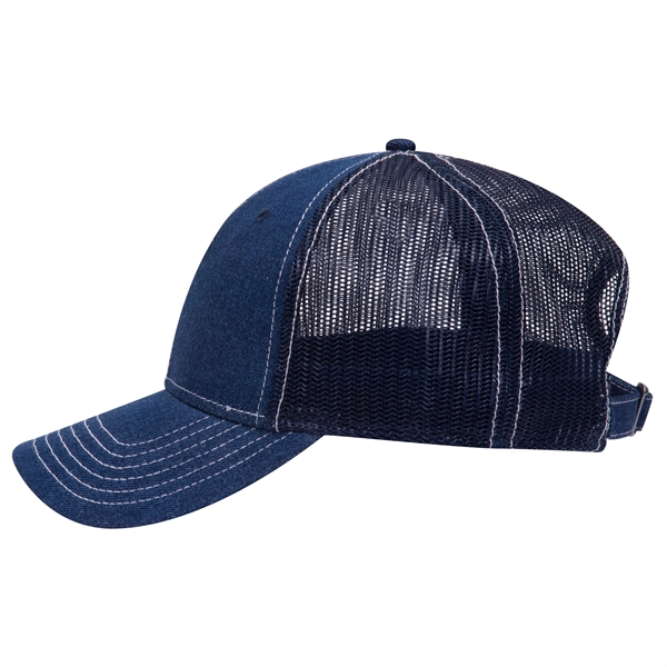 Denim 6 Panel Contrast Stitching Mesh Back Trucker Hat - Denim 6 Panel Contrast Stitching Mesh Back Trucker Hat - Image 11 of 12