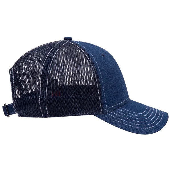 Denim 6 Panel Contrast Stitching Mesh Back Trucker Hat - Denim 6 Panel Contrast Stitching Mesh Back Trucker Hat - Image 12 of 12