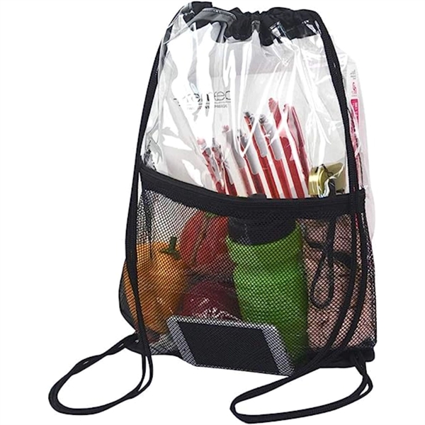 Clear PVC Drawstring Bag w/ Mesh Pocket (13.5" x 17") - Clear PVC Drawstring Bag w/ Mesh Pocket (13.5" x 17") - Image 1 of 16