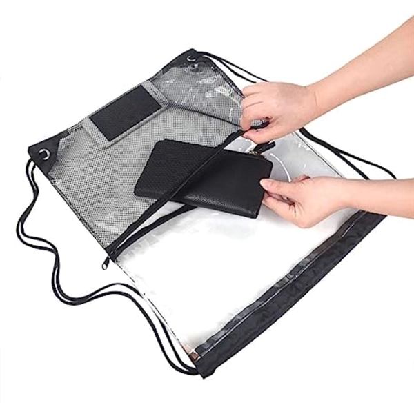 Clear PVC Drawstring Bag w/ Mesh Pocket (13.5" x 17") - Clear PVC Drawstring Bag w/ Mesh Pocket (13.5" x 17") - Image 3 of 16