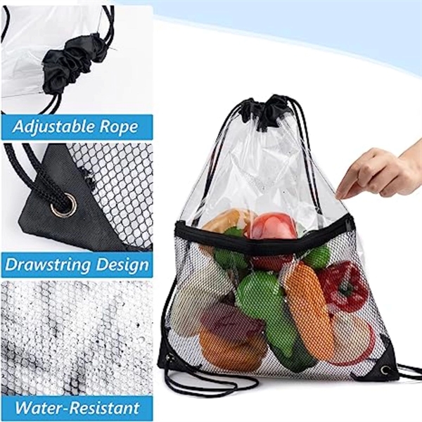 Clear PVC Drawstring Bag w/ Mesh Pocket (13.5" x 17") - Clear PVC Drawstring Bag w/ Mesh Pocket (13.5" x 17") - Image 4 of 16