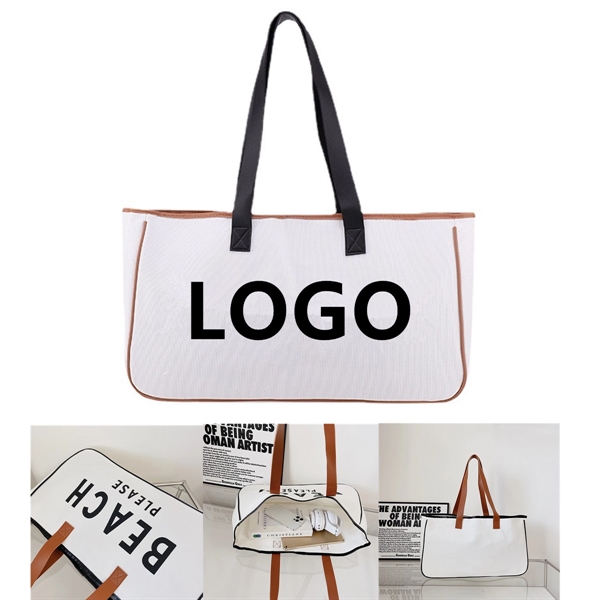 Canvas Tote Bag with Leather Handle - Canvas Tote Bag with Leather Handle - Image 0 of 3