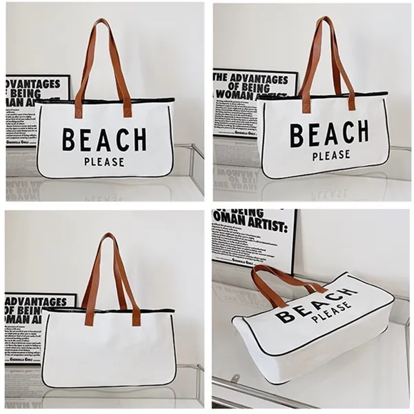 Canvas Tote Bag with Leather Handle - Canvas Tote Bag with Leather Handle - Image 2 of 3