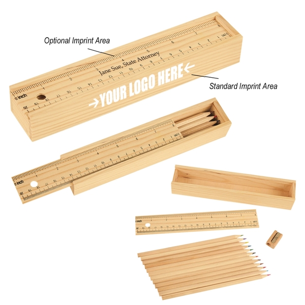 12-Piece Colored Pencil Set In Wooden Ruler Box - 12-Piece Colored Pencil Set In Wooden Ruler Box - Image 0 of 4