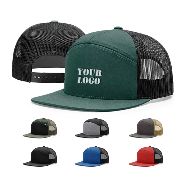 Premium 7-Panel Mesh Back Cap Flat Bill Trucker Hat Snapback - Premium 7-Panel Mesh Back Cap Flat Bill Trucker Hat Snapback - Image 2 of 9