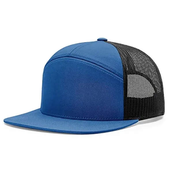 Premium 7-Panel Mesh Back Cap Flat Bill Trucker Hat Snapback - Premium 7-Panel Mesh Back Cap Flat Bill Trucker Hat Snapback - Image 7 of 9