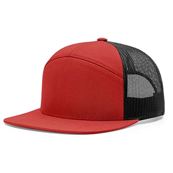 Premium 7-Panel Mesh Back Cap Flat Bill Trucker Hat Snapback - Premium 7-Panel Mesh Back Cap Flat Bill Trucker Hat Snapback - Image 9 of 9