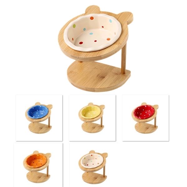 Cute Ceramic Cat Bowls with Wood Stand - Cute Ceramic Cat Bowls with Wood Stand - Image 0 of 4