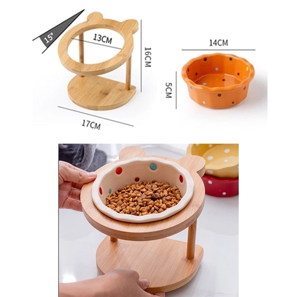 Cute Ceramic Cat Bowls with Wood Stand - Cute Ceramic Cat Bowls with Wood Stand - Image 1 of 4