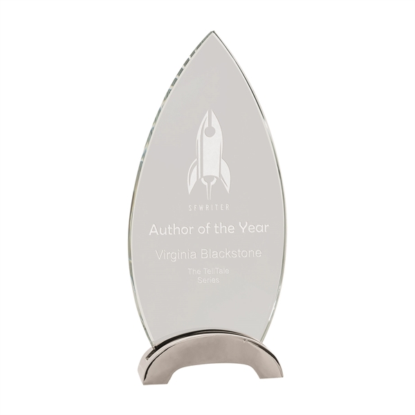 9 1/4" Clear Oval Platinum Glass Award w/ Arch Metal Base - 9 1/4" Clear Oval Platinum Glass Award w/ Arch Metal Base - Image 0 of 1