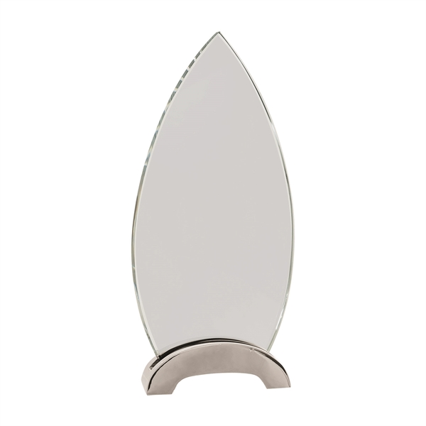 9 1/4" Clear Oval Platinum Glass Award w/ Arch Metal Base - 9 1/4" Clear Oval Platinum Glass Award w/ Arch Metal Base - Image 1 of 1