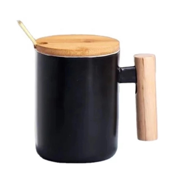 Nordic Ceramic Coffee Mug with Lid & Polished Wooden Handle - Nordic Ceramic Coffee Mug with Lid & Polished Wooden Handle - Image 1 of 8