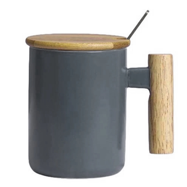 Nordic Ceramic Coffee Mug with Lid & Polished Wooden Handle - Nordic Ceramic Coffee Mug with Lid & Polished Wooden Handle - Image 3 of 8