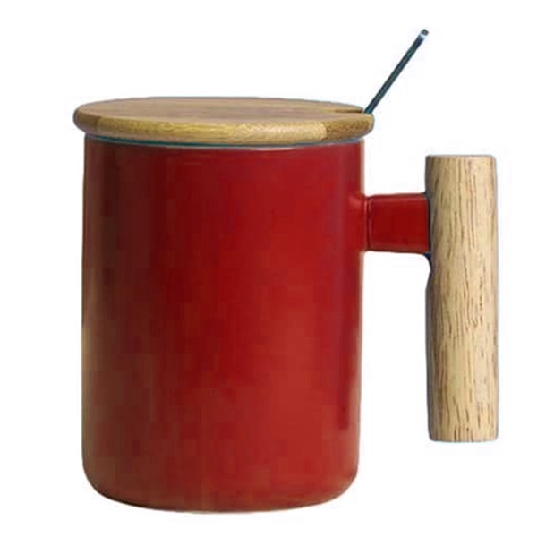 Nordic Ceramic Coffee Mug with Lid & Polished Wooden Handle - Nordic Ceramic Coffee Mug with Lid & Polished Wooden Handle - Image 6 of 8