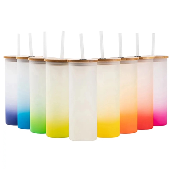 Gradient Frosted Glass Tumbler w/Straw & Bamboo Lid - Gradient Frosted Glass Tumbler w/Straw & Bamboo Lid - Image 1 of 11
