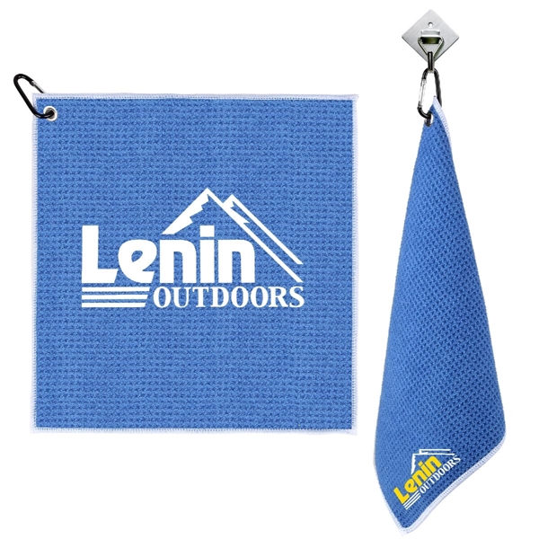 Waffle Pattern Golf Towel with Carabiner Clip (390 GSM) - Waffle Pattern Golf Towel with Carabiner Clip (390 GSM) - Image 1 of 5