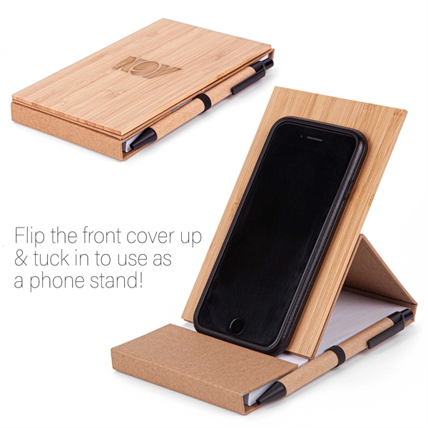 4x6 Bamboo Phone Holder Notepad & Pen Set with Sticky Notes - 4x6 Bamboo Phone Holder Notepad & Pen Set with Sticky Notes - Image 3 of 5