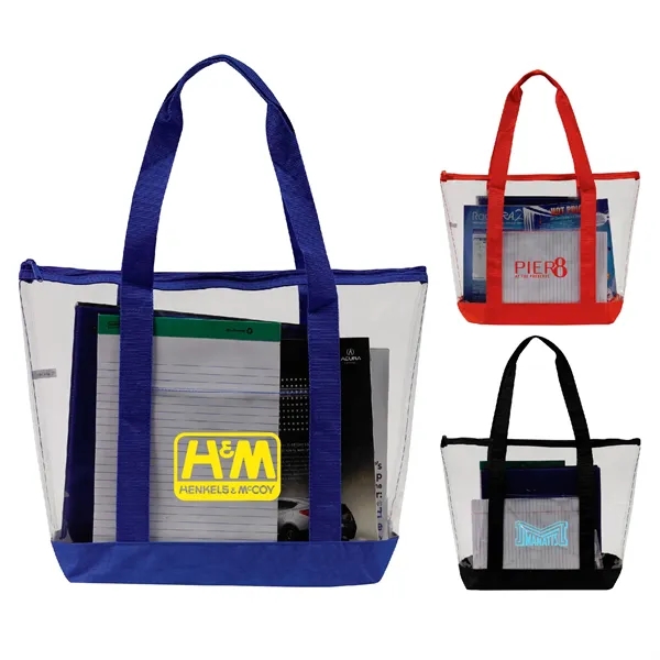 Clear PVC Reusable Zipper Tote w/ Handles & Pocket for Beach - Clear PVC Reusable Zipper Tote w/ Handles & Pocket for Beach - Image 0 of 6