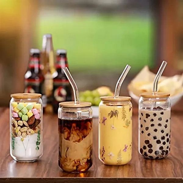 16oz Can Shaped Glass Cup with Bamboo Lid and Straw - 16oz Can Shaped Glass Cup with Bamboo Lid and Straw - Image 2 of 6