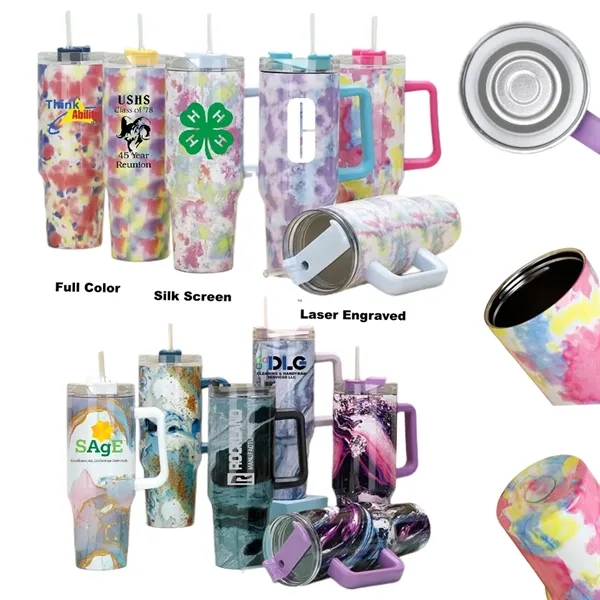 40 oz Tie-Dye Tumbler With Handle Straw Lid Travel Water Cup - 40 oz Tie-Dye Tumbler With Handle Straw Lid Travel Water Cup - Image 0 of 22