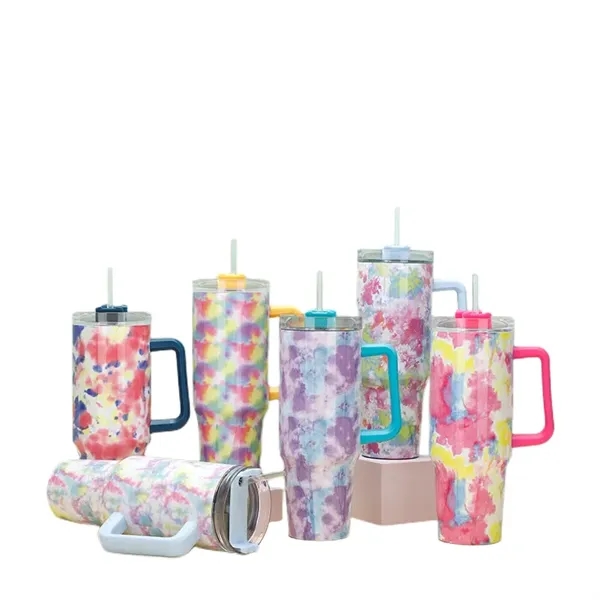 40 oz Tie-Dye Tumbler With Handle Straw Lid Travel Water Cup - 40 oz Tie-Dye Tumbler With Handle Straw Lid Travel Water Cup - Image 15 of 22