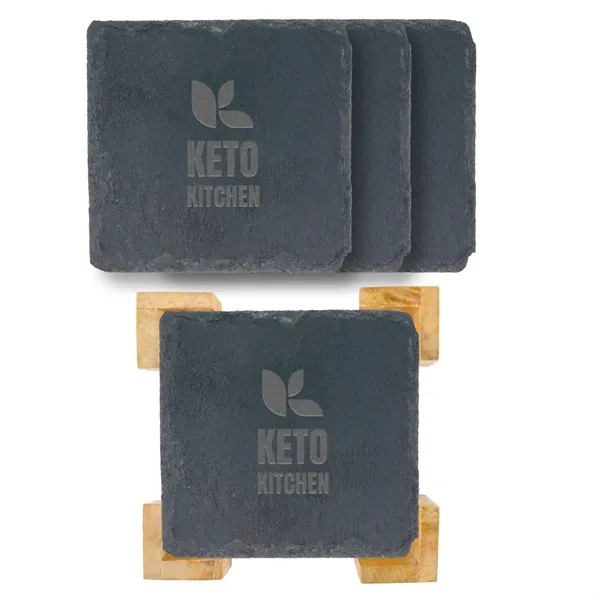 Square Slate Coaster In Bamboo Stand - 4 Pc.