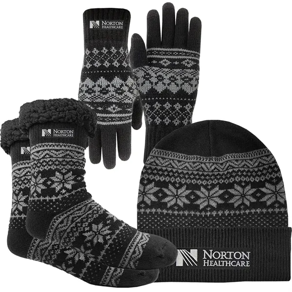 Winter Knit Rolled Beanie Cap, Socks & Text Gloves Combo - Winter Knit Rolled Beanie Cap, Socks & Text Gloves Combo - Image 0 of 4