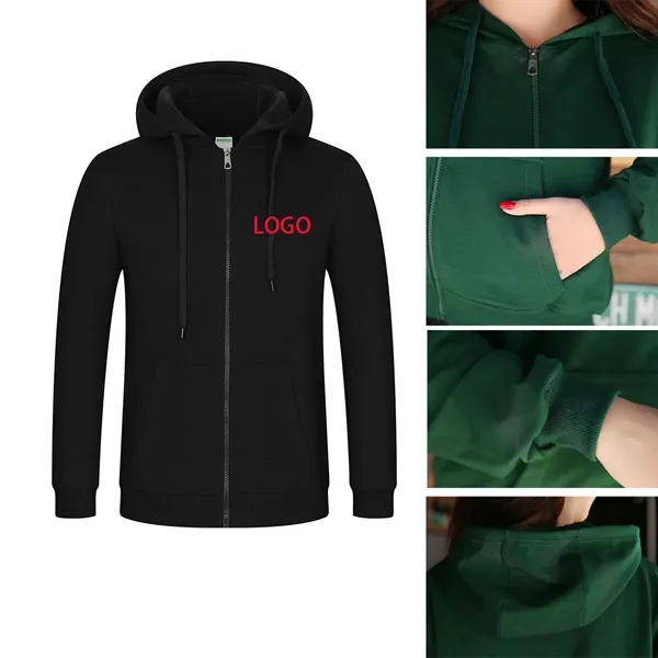 Two Pockets Long Sleeve Loose Hoodie Zipper Sweatshirt - Two Pockets Long Sleeve Loose Hoodie Zipper Sweatshirt - Image 1 of 2