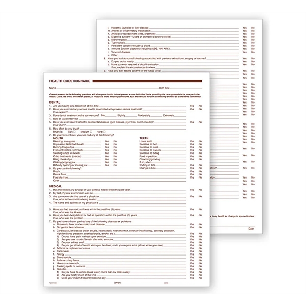 Dental Health History Questionnaires, 2 Sided, No Hole Punch - Dental Health History Questionnaires, 2 Sided, No Hole Punch - Image 0 of 0