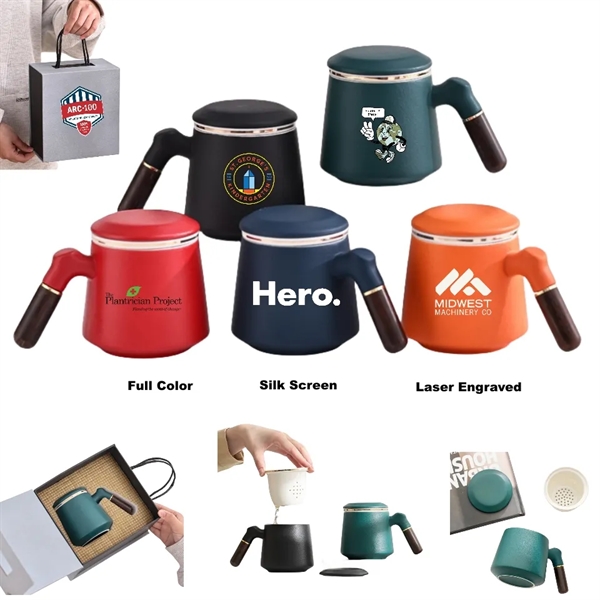 14 oz Ceramic Coffee Tea Cup with Lid Handle Infuser - 14 oz Ceramic Coffee Tea Cup with Lid Handle Infuser - Image 0 of 12