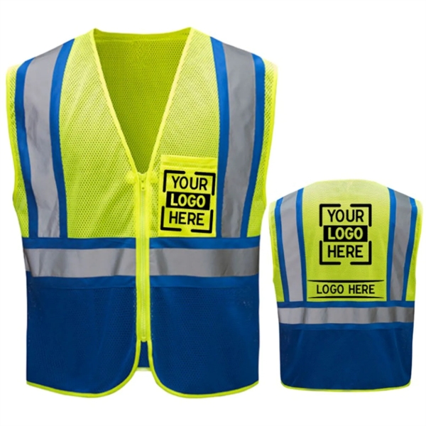 Hi Vis Reflective Class2 Mesh Blue Bottom Safety Pocket Vest - Hi Vis Reflective Class2 Mesh Blue Bottom Safety Pocket Vest - Image 0 of 4