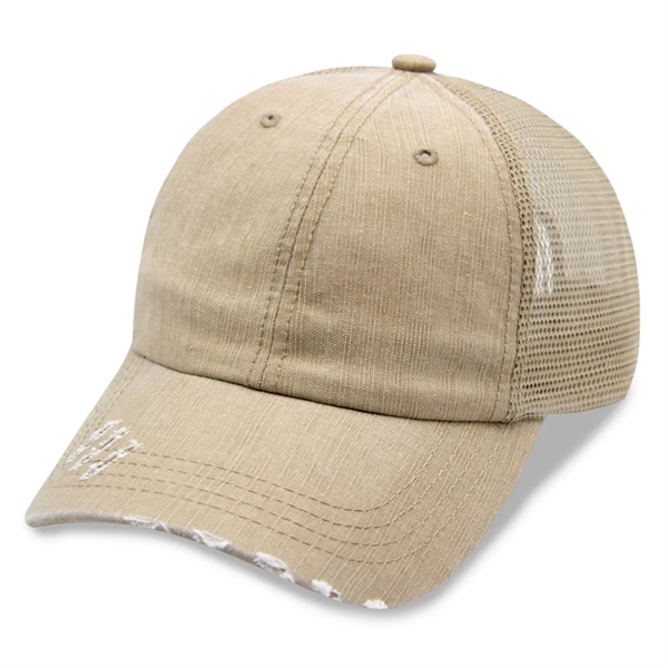 6 Panel Herringbone Low Profile Distressed Trucker Cap - 6 Panel Herringbone Low Profile Distressed Trucker Cap - Image 1 of 5