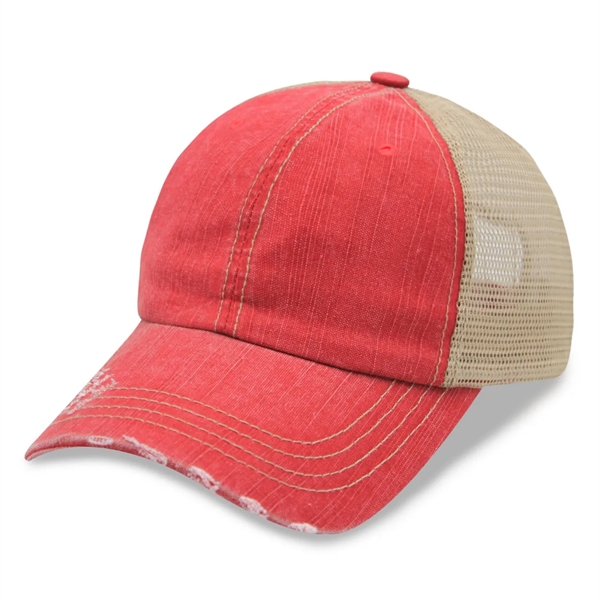 6 Panel Herringbone Low Profile Distressed Trucker Cap - 6 Panel Herringbone Low Profile Distressed Trucker Cap - Image 2 of 5