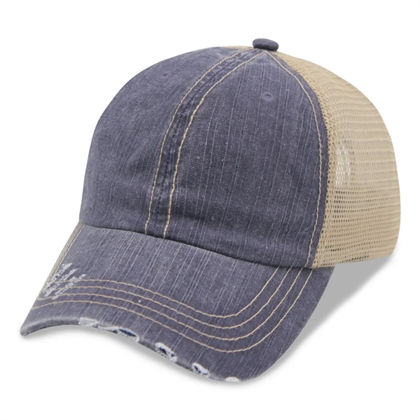 6 Panel Herringbone Low Profile Distressed Trucker Cap - 6 Panel Herringbone Low Profile Distressed Trucker Cap - Image 3 of 5