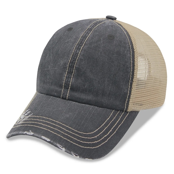 6 Panel Herringbone Low Profile Distressed Trucker Cap - 6 Panel Herringbone Low Profile Distressed Trucker Cap - Image 4 of 5