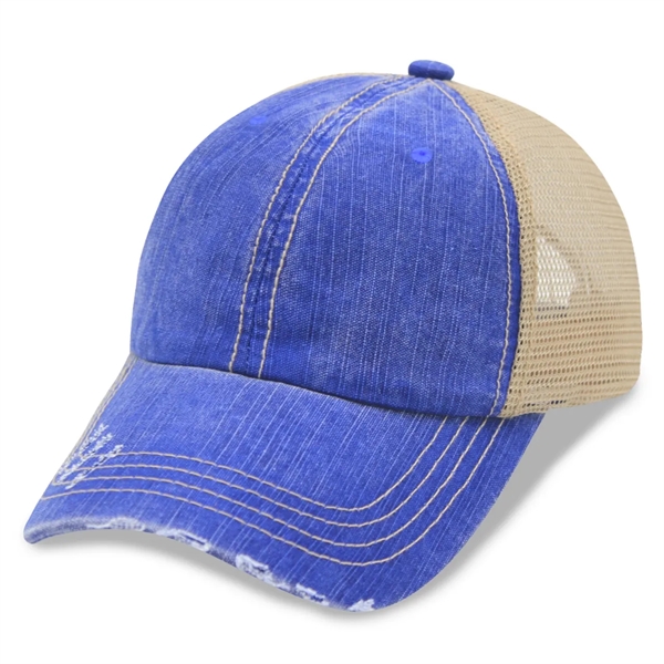 6 Panel Herringbone Low Profile Distressed Trucker Cap - 6 Panel Herringbone Low Profile Distressed Trucker Cap - Image 5 of 5