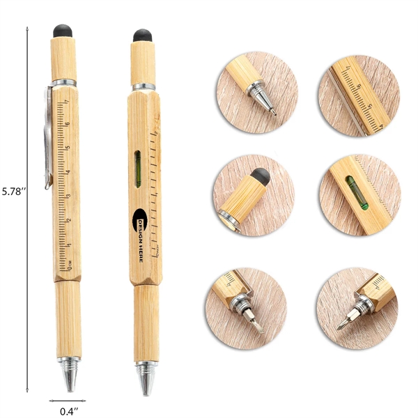 6 in 1 Multifunctional Bamboo tool Stylus Pen - 6 in 1 Multifunctional Bamboo tool Stylus Pen - Image 0 of 1