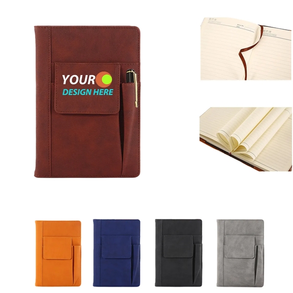 A5 Multi-Functional Leather Notebook w/ Front Pockets - A5 Multi-Functional Leather Notebook w/ Front Pockets - Image 0 of 1