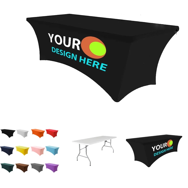 6FT Fitted Polyester Stretch Table Cover w/ Custom Imprint - 6FT Fitted Polyester Stretch Table Cover w/ Custom Imprint - Image 0 of 1