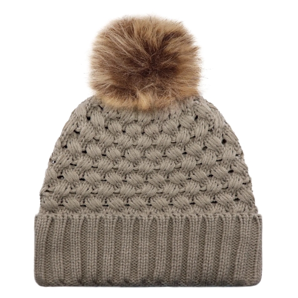 Cuff Toque w Faux Fur PomPom 12cm in Jacquard Bubble Knit - Cuff Toque w Faux Fur PomPom 12cm in Jacquard Bubble Knit - Image 4 of 8