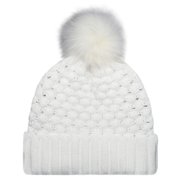 Cuff Toque w Faux Fur PomPom 12cm in Jacquard Bubble Knit - Cuff Toque w Faux Fur PomPom 12cm in Jacquard Bubble Knit - Image 5 of 8